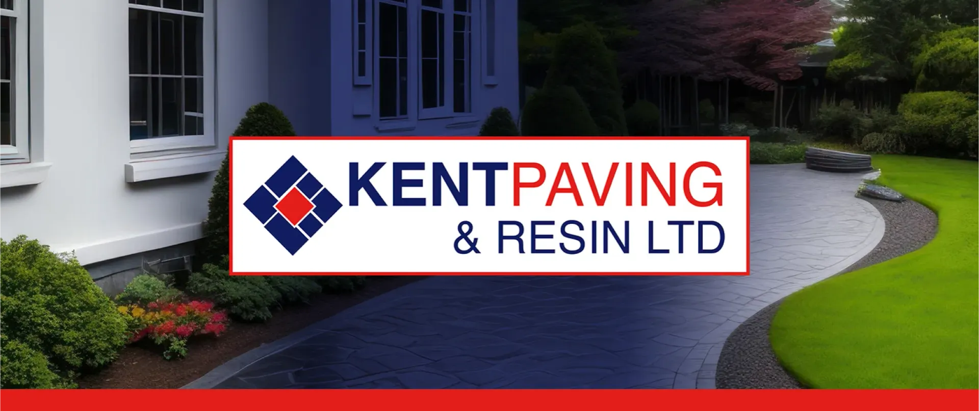 Kent Paving & Resin LTD banner showing an expertly installed driveway and landscaped garden